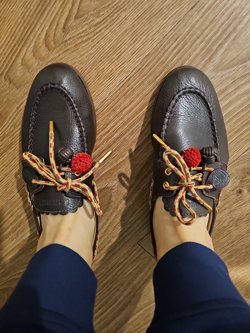 Larroude Dark Brown Leather Loafers with Red Pom and Multicolor Laces